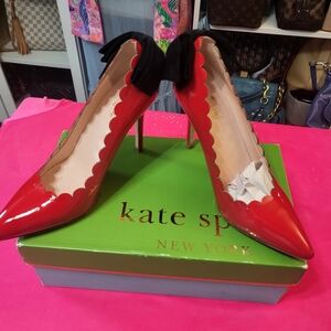 Kate spade red patent leather heels with black suede bow. EUC